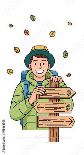 Adventurous Traveler Deciding His Path Utilizing Directional Sign Amidst Fall Foliage