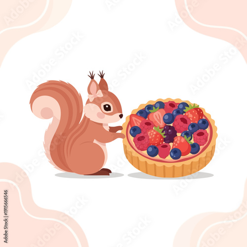 Adorable Squirrel Poses Beside Freshly Baked Berry Tart Dessert Delight