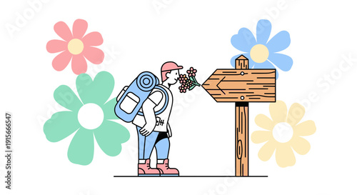 Adventurous Traveler Discovering Nature's Scents Near a Wooden Trail Marker