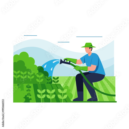 A Gardener Delivers Water To Nourish Blooming Crops Under a Bright and Open Sky Scene
