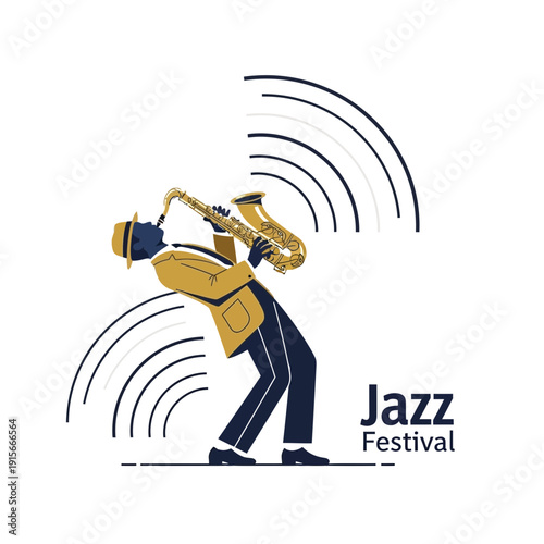 A Stylish Illustration Of A Saxophone Player Performing At A Vibrant Jazz Festival Concert
