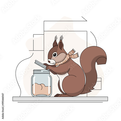 Adorable Squirrel Preparing Winter Stash With Jar and Scarf Illustration