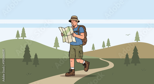 Adventurous Traveler Exploring Terrain With Map Searching Directions For Uncharted Paths