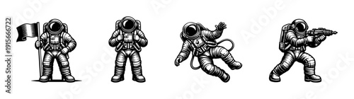 Astronaut flat vector icons set: space explorer and cosmonaut emblems collection