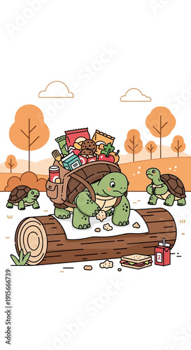 A Helpful Tortoise Carries Supplies Through a Whimsical Woodland Scene