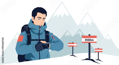 A Hiker Observing Time While Hiking High Up In The Mountains With Elevation Signs Present