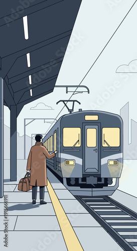A Lone Traveler Awaits His Train At The Modern Station Platform Illustration