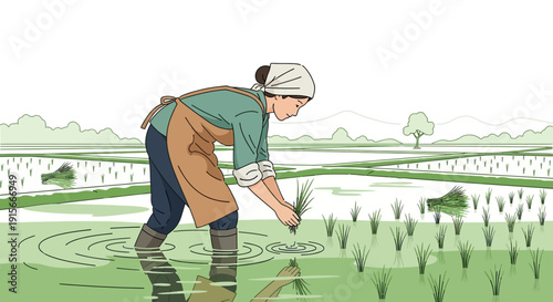 Agricultural Worker Cultivating Rice Paddy In Rural Asian Landscape