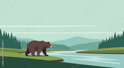 A Majestic Bear Roaming Beside a Serene River Amidst Lush Forest Scenery