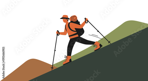 Adventure Seeker Ascending Mountain Trail With Trekking Poles