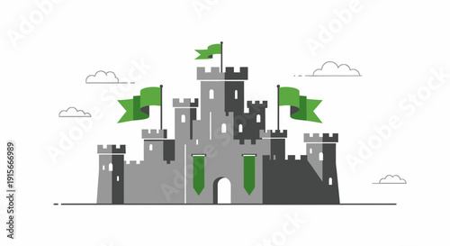 A Majestic Castle Design With Green Flags, A Fortified Fortress Illustration