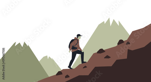 Adventurer Ascends Rocky Mountain Terrain Towards Summit Heights