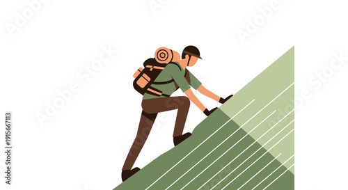 Adventurer Ascending Steep Rocky Terrain With Backpack