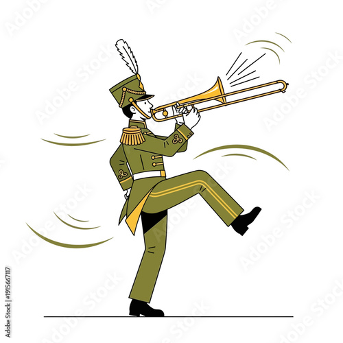 A Marching Trombonist Playing Music In A Precise Parade With Elegant Uniform And Style