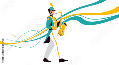 A Marching Band Musician Playing A Golden Saxophone With Artistic Colorful Streamers