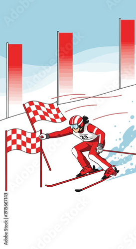 Alpine Skier Navigates Slalom Course With Red Flags And Finish Line Imagery