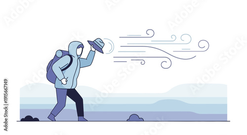 Adventurer Battling Strong Winds While Holding Hat In Cold Weather Landscape