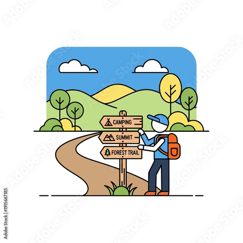 Adventurer Choosing Path At Wilderness Trailhead With Scenic Mountain View