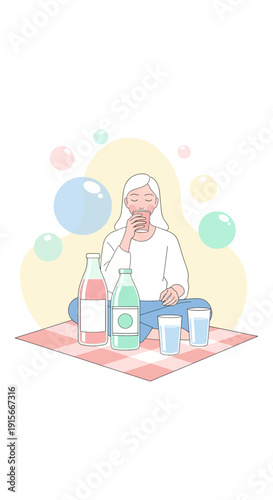 A Young Woman Sipping Refreshments Outdoors Amidst Bubbles and Playful Picnic Scene