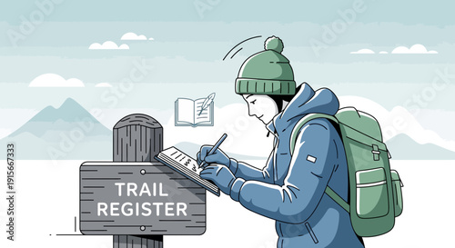 Adventurer Documents His Expedition Experience At The Trail Register On A Snowy Mountain Day