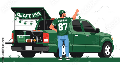 American Football Fan Prepares Tailgate Party With Green Truck And Grill Ample Space