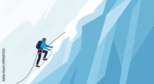 An Individual Ascends A Glacial Face With A Rope