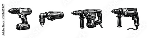 Power drill collection. flat vector icons set. construction tools graphics for diy projects