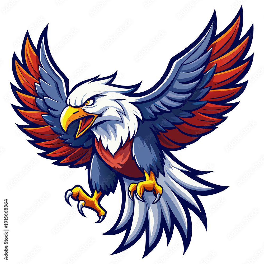 Fototapeta premium A cartoon mascot illustration of a wild bald eagle with flying wings and a sharp beak designed as a powerful nature symbol vector