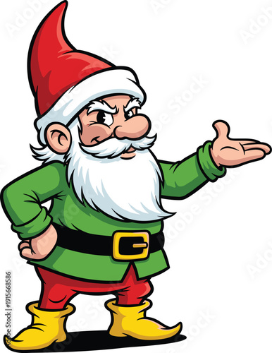 Cheerful gnome character waving in festive attire with a welcoming gesture isolated on transparent background, Vector