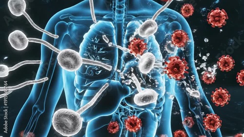 Human body with transparent skin showing lungs and coronavirus particles