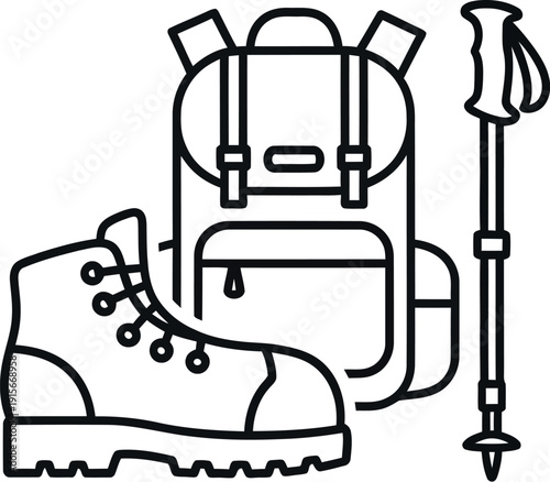Simple line art icon set featuring essential hiking and trekking gear including a rugged boot a durable backpack and a telescopic walking pole for adventure travel