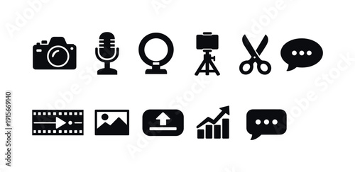 Multimedia and social media solid icon set for communication and creativity