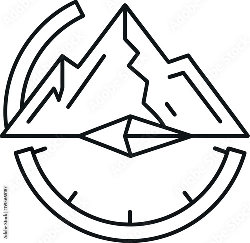 Minimalist line art logo design combining a rugged mountain peak with a navigational compass element symbolizing adventure and exploration travel