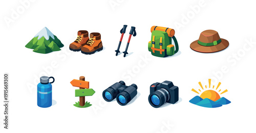 Adventure and hiking 3d icon set. Camping, outdoor equipment icon collection
