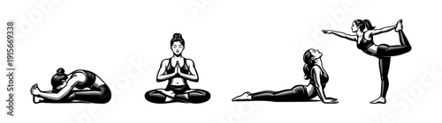 Yoga poses flat vector icons set: meditation and exercise silhouettes for wellness