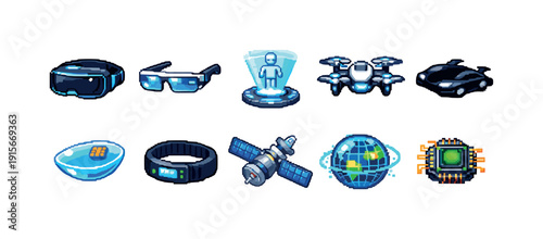 Futuristic technology 3d icon set. Virtual reality, ai, drone, satellite, chip icons collection.