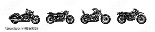 Flat vector icons set: classic and vintage motorcycles collection