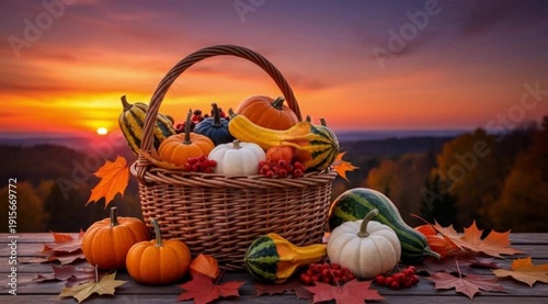 Image is a vibrant, high-resolution photograph featuring a rustic autumnal still life. A wicker basket overflowing with a variety of gourds, pumpkins, and autumn leaves is centrally placed on a wooden