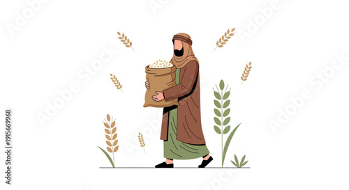 Ancient Figure Carrying Harvested Grain In Rural Landscape Flat Vector Illustration