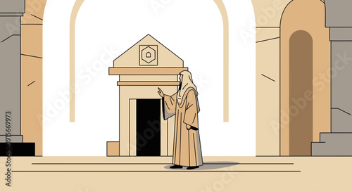 Ancient Figure Gesturing Near Architectural Structure Within A Religious Place