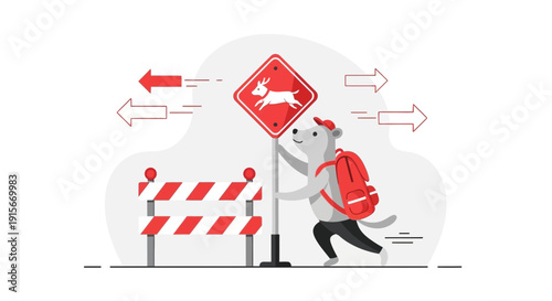 Animal Crossing Road Sign Cautionary Tale Illustration with Backpack
