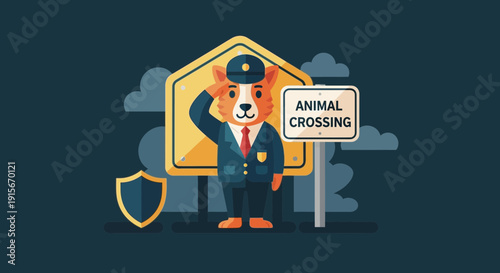 Anthropomorphic Fox Officer Salutes Near Animal Crossing Sign