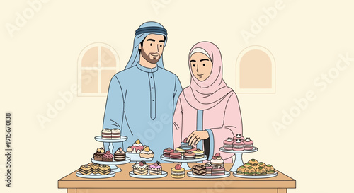 Arab Couple Admiring Delicious Pastries At A Celebration Event Display