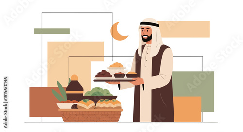 Arab Man Offering Traditional Desserts And Dates During Ramadan Celebration