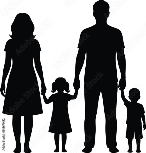 Happy Family with Two Children Silhouette, Parents Holding Hands with Son and Daughter Vector Illustration