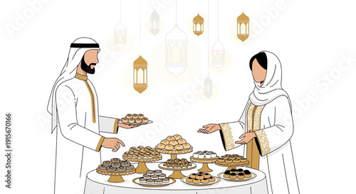 Arabian Festival Featuring Traditional Desserts, Lanterns, And Cultural Attire Display