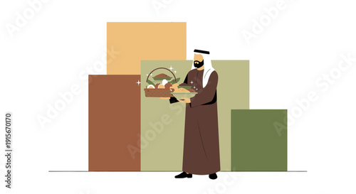 Arabian Man in Traditional Attire Holding Food Tray and Basket With Background