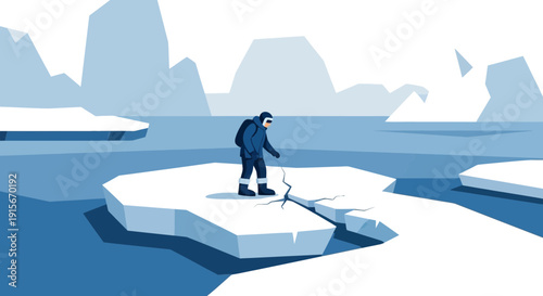 Arctic Explorer Investigating Cracked Ice Floe Perilous Expedition