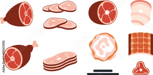 Meat and ham products set, flat vector illustrations of various pork cuts, sliced ham on bone, bacon strips and steak icons isolated on white background.