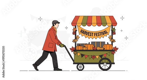 Autumn Harvest Festival Vendor Pushing Cart with Pumpkins and Banners